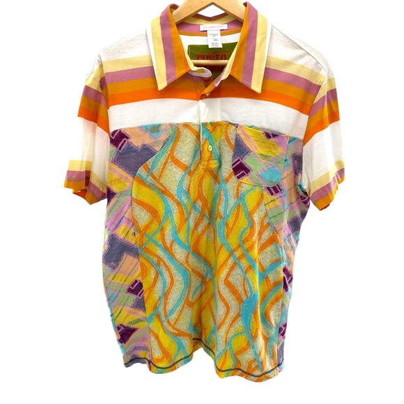 Custo Barcelona Multicolor Striped Graphic Print Cotton Polo Shirt Size 4 Medium - Picture 1 of 7